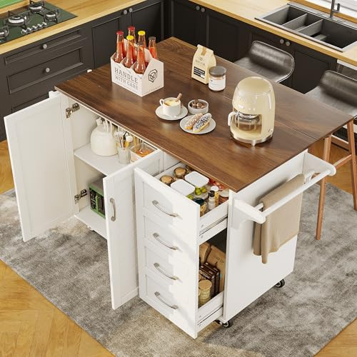 Huayz Küchenwagen, Kücheninsel, Küchenschrank, Buffetschrank Speisewagen mit Arbeitsplatte klappbar, Esswagen Anrichte mit Rollen, Schubladen und Handtuchhalter, Türen, 128x71x93cm