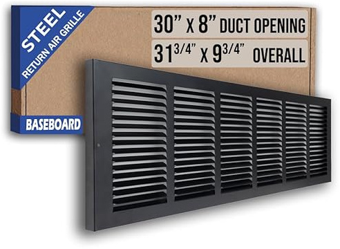 Fits 30x8 Duct Opening | Steel Baseboard Return Air Grille by Handua | Vent Cover Grill | 7/8 Margin Turnback [Depth] to Fit Baseboard | Black | Outer Dimensions: 31.75W X 9.75 H