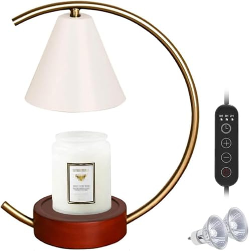 Lámpara Lampada Scaldacandele Profumata con Timer E 2 Lampadine Scaldacera Elettrico Dowm con Base in Legno retrò Lampada da Tavolo Dimmerabile per Candele in Barattolo Scaldacandele, White