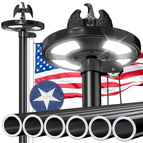25 FT Heavy Duty Flag Pole with 144 LED Solar Light,12 Gauge Extra Thick Aluminum Flagpole for Outside House Powered and Flag Outdoor,Inground Flag Pole Kit for Residential Commercia (25FT with Light)
