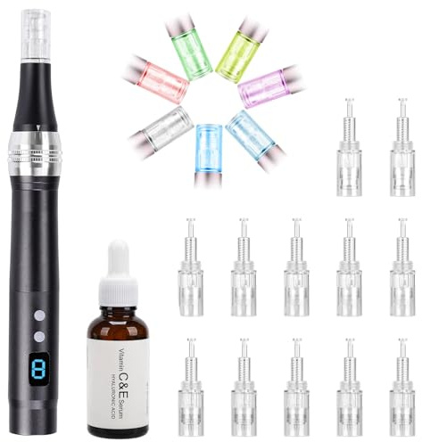 Einstellbarer Microneedling Dermapen - Derma pen 0-2.5mm,Micronadeln Pen,Derma roller, Und 30ml Vitamin C Serum, Serum mit 20% Vitamin C (Inkl.12 köpfe Patronen)