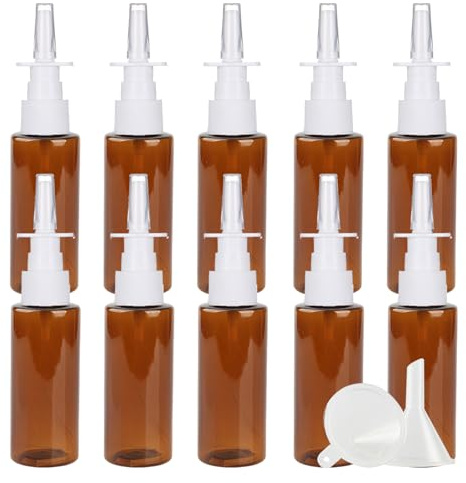 PQPAUTY 10 Piezas Botella de Spray Nasal Vacía 50ml Marrón, Botellas de Aerosol Nasal de Plástico Reutilizables, Botellas de Pulverizador Nasal para Solución Salina, Aceites, Hogar y Viaje
