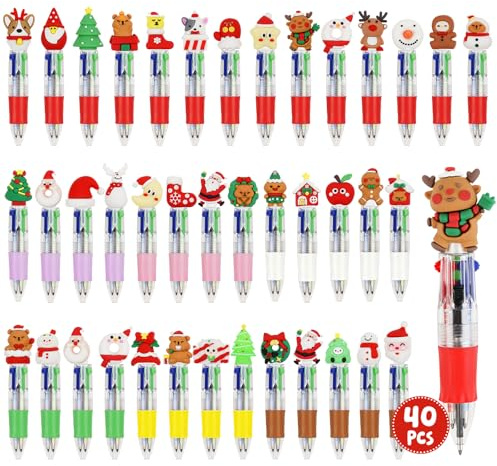 40 Pezzi Penne Multicolore Natalizie Bambini, Penne a Sfera a 4 Colori, Regalo Feste di Bambini, Gadget per Regalini Fine Festa Compleanno, Accessori per Feste Natalizie, Ideali per Natale