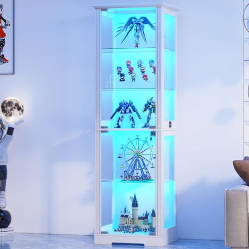 Gurexl 180cm Glass Display Cabinets with Lockable for Collectibles,White | 5 Tier Display Case with Glass Door and 3 Color Lights, Bookcase with Human Sensor,Floor Cabinets for Curio,Books,Living Room
