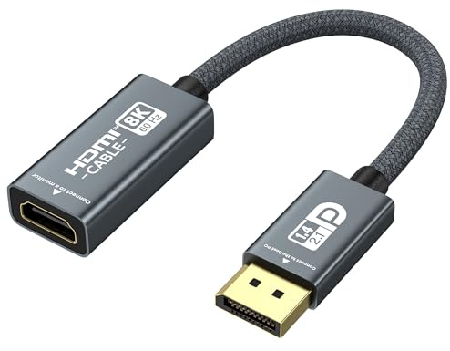 Adaptateur DisplayPort vers HDMI 8K @ 60 Hz 4K @ 240 Hz/120 Hz, actif DisplayPort 1.4a/2.1 vers HDMI 2.1 pour PC, Dell, HP, NVIDIA, VRR, G-SYNC, HDR, Dolby Vision, HDCP 2.3, DSC, RTX4090/4080, RTX5090