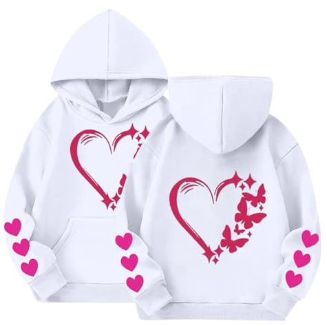 Mjjsk Flickor Hjärtan Grafisk Huvtröjor Snygg Långärmad Pullover Tröjor Mode Casual Skola Huvtröja Komfort Mjuka Huvtröjor Toppar, Vitt, 4-5 Years