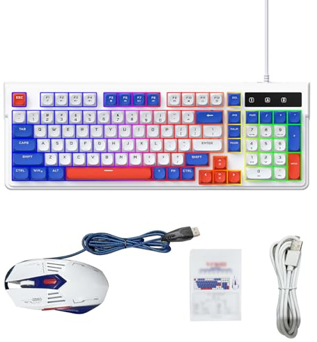 TIKATARER RGB Backlit Gaming Keyboard and Mouse Combo, 98 Keys Compact Layout Keyboard, Multimedia Shortcut Keys Combo with 7 Color Lighting Effects, Wired USB, Ideal for PC, Laptop (Blue White)