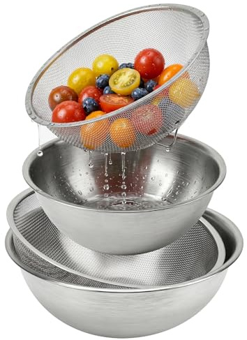 4pcs Sieb + Schüssel Edelstahl Set, 19/22 cm mit Rührschüsseln, Micro-Perforierte Küchensieb Nudelsieb für Küchennahrung zum Waschen von Nudeln, Obst, Gemüse, Spülmaschinenfest