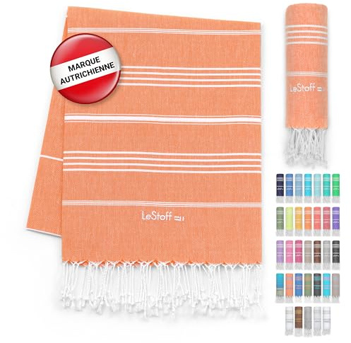 LeStoff Hamamtuch Strandtuch, 100% Bio-Baumwolle, 95x180 cm, Orange | Reisehandtuch, Badetuch, Liegetuch und großes Handtuch – leicht, kompakt, sandfrei, saugstark und schnelltrocknend