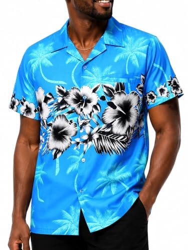 King Kameha Camicia Hawaiana Uomo Vintage a Maniche Corte, Flower-Chest, Turchese, 3XL
