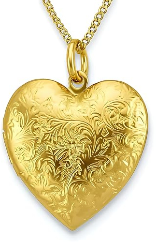 LIFETIME JEWELRY Antique Heart Locket Necklace That Holds Pictures 24k Gold Plated for Women (Big Gold Locket with Chain)
