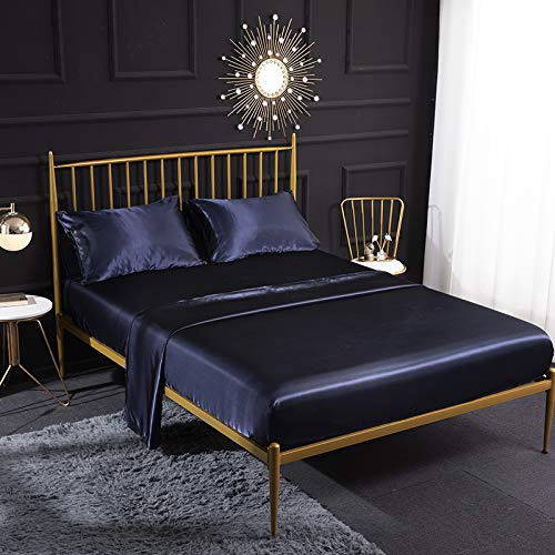 Juego de sábanas de seda satinada color crema de 4 piezas con sábana bajera de satén, sábana encimera, funda de almohada transpirable, suave y cómoda, tamaño doble