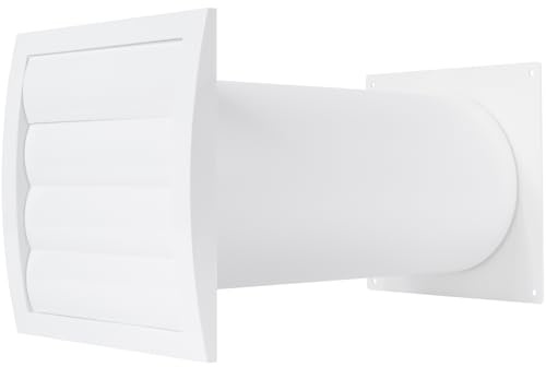 Kit de ventilación de 125 mm a través de la pared – Ajustable – Capucha de ventilación para secadora con tubo y conector de conducto – Blanco – Plástico – Con malla incorporada