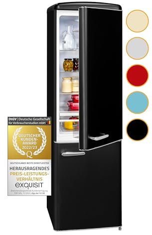 Exquisit Retrokühlschrank RKGC250-70-H-160E mattschwarz | 244 L Volumen | Kühlschrank Retro freistehend | Türablagen & Glasablagen | LED-Licht