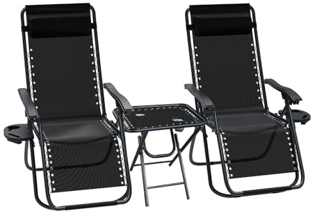 VOUNOT Set med 2 st noll gravitationsstol med matchande bord, vilande solstolar med kopphållare, justerbara nackstöd, hopfällbara trädgårdsstolar, svart