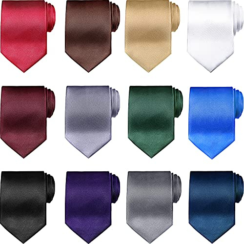Syhood 12 Pcs 6/12/24 Pcs Men Ties Set Solid Satin Pure Color Business Formal Necktie Tie 57 for Men Occasion Wedding (Classic Colors)