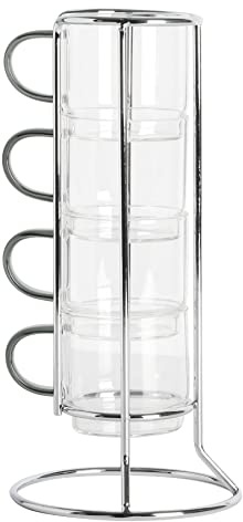 Gibson Soho Lounge Stackable Glass Espresso Cups with Rack, 4-Piece Set, 3.8oz – Durable Glass Coffee Cups