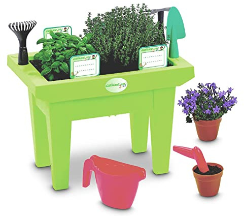Kinder Hochbeet 12-teilig Mini Frühbeet Gartenwerkzeug Grün Set Pflanzbeet | BURI Hochbeet aus Kunststoff als Kräuter- und Gemüsebeet für Gartenlernen, kindersicher und besonders robust verarbeitet