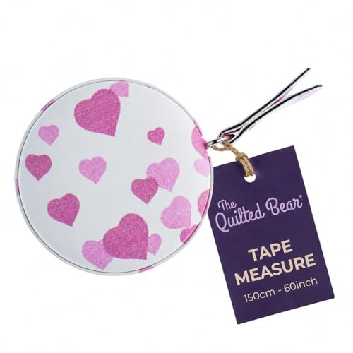 The Quilted Bear Retractable Fabric Tape Measure 150cm/60, Pink Hearts | Double Sided Metric & Imperial, Clear Markings, One Press Automatic Retraction, Compact, Lightweight, for Sewing, Body, Craft