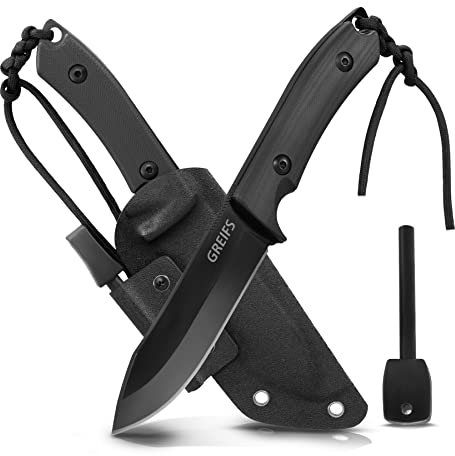 GREIFS® Outdoor-Messer aus D2 Stahl mit Kydex Holster und Feuerstahl, edles Survival Messer für die Bushcraft Ausrüstung, Jagdmesser, Schnitzmesser, Fahrtenmesser (Milan/Schwarz)