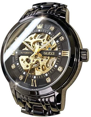 OLEVS Herren-Armbanduhr, goldfarben, Skelett-Uhr, automatisch, mechanisch, selbstaufziehend, luxuriös, Edelstahl, wasserdicht, leuchtende Armbanduhren, Schwarz, Modern