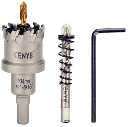 CENYB 1-5/16 (34mm) Tungstencarbidtäckt hålsåg med 2 st titanbelagda pilotbormaskar för hårda metaller, rostfritt stål, järn, aluminiumlegering, trä och plast.