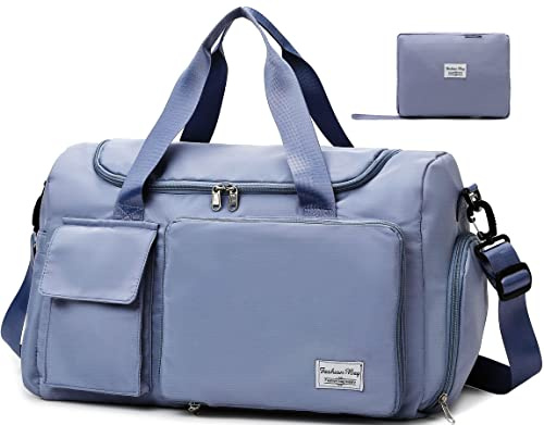 Tokeya Bolsa Deporte Hombre con Compartimentos para Zapatos y Bolsillo Húmedo Bolsa de Viaje Plegable, Impermeable Macuto Gimnasio, Ligera Bolsa de Deporte Fin de Semana para Natación Fitness, Azul