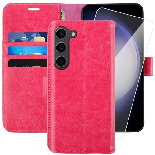 MONASAY for Samsung Galaxy S23 5G Wallet Case, [Included Screen Protector][RFID Blocking] Flip Folio Leather Cell Phone Cover with Credit Card Holder for Galaxy S23 5G 6.1 inch,Hot pink