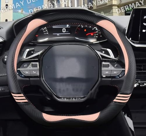 Xihaoer für 207 208 3008 4008 5008 Niedlicher Auto-Lenkradbezug aus Kohlefaser+PU-Leder Cartoon-Innenraumzubehör für Frauen (Rosa)