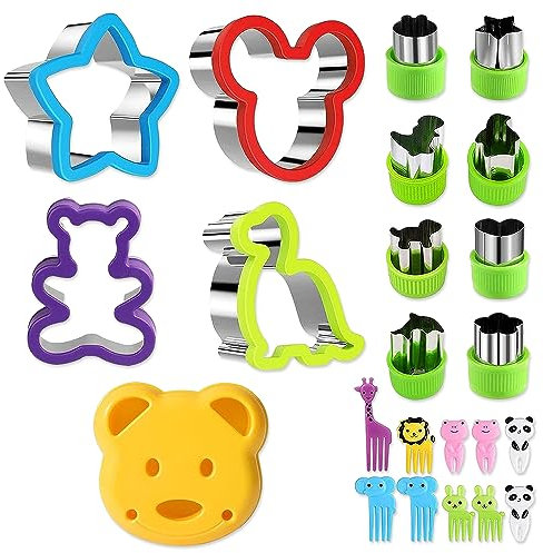 BNGXR Ausstecher Brot und Gemüse Kinder, 23 Stück Edelstahl Brotausstechformen Kinder Set Ausstechformen Set Sandwich Gemüse Obst Ausstecher mit Tiere Obstgabeln Stern Dinosaurier Herz