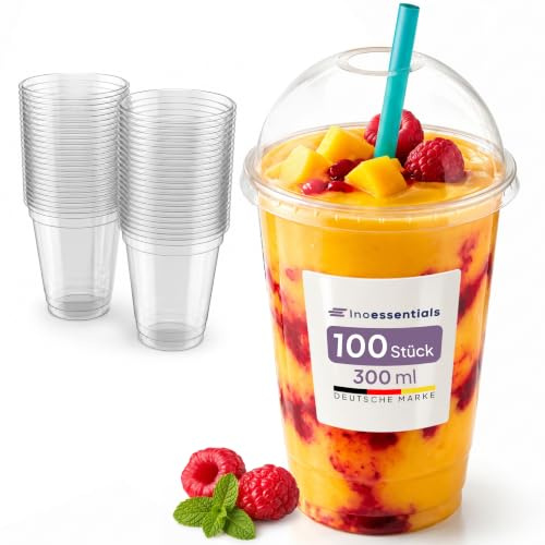 Inoverse Smoothie Becher 300 ml, 100 Stück, Slush Becher, mit Domdeckel | Transparentes R-PET, Dessertbecher, Eiskaffee Becher, Trinkhalmöffnung, für Obstsalat, Joghurt und Veranstaltungen