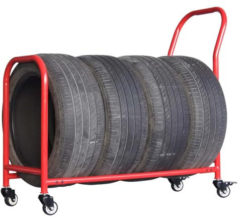 DAGROD däckhylla push-pull universellhjulförvaring ställ, däck-bilvisningshylla för garage/lager/verkstad, kraftig hjulhållare plats för 4–5 däck
