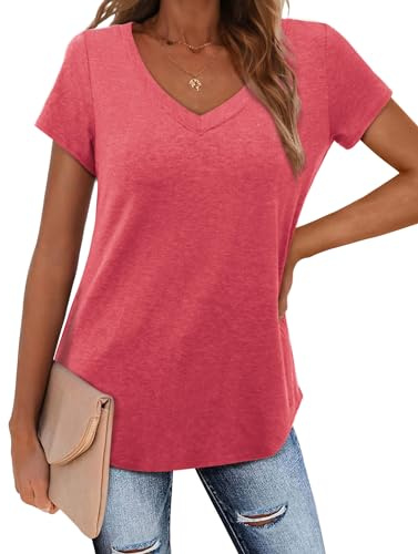Amoretu Camiseta para mujer, informal, cuello de pico, camiseta de verano, suelta, manga corta, Rosa., L