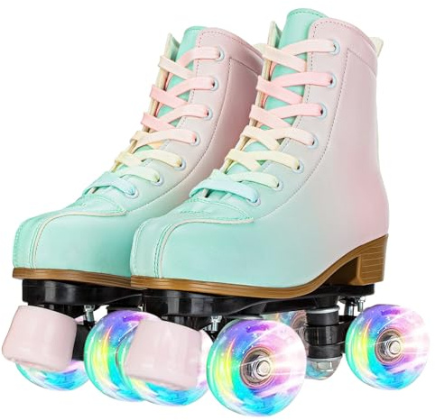 YYW Roller Skates for Girls and Women, Fantastic Gradient Pink and Green PU Leather Light Up Kids Youth Roller Skates, Indoor Outdoor, Size 34 (Youth 3)
