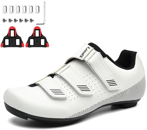 PENXZT Radsportschuhe Herren Damen Mode Fahrradschuhe Anti-Skid Atmungsaktiv Rennradschuh Kompatibel Look SPD SPD-SL Reitschuhe Schuhen,Weiß,48 EU