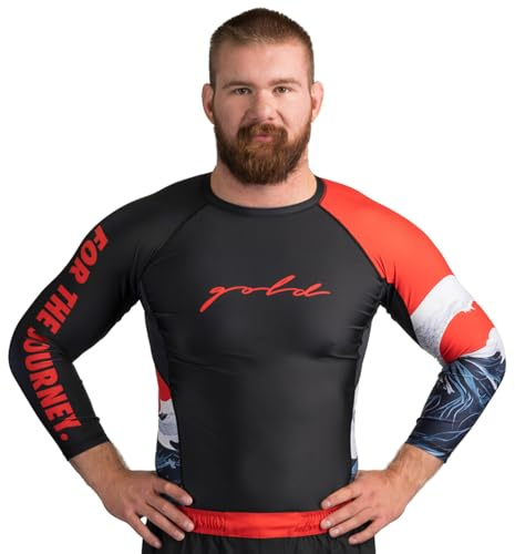 Gold BJJ The Wave Rash Guard - 3/4-Ärmel No-Gi und Gi Jiu Jitsu Rashguard, Schwarz, L
