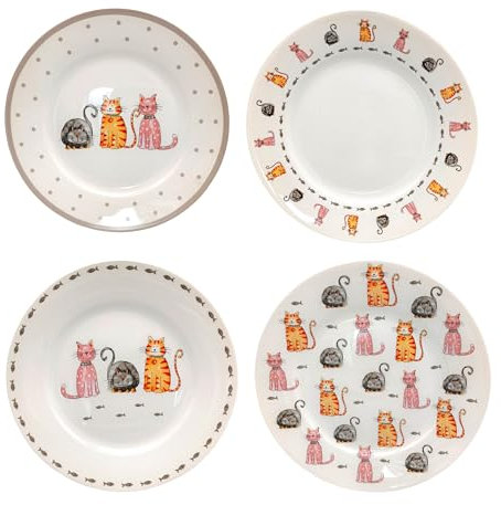 SPOTTED DOG GIFT COMPANY Piattini da Dessert, Set di 4 Piatti in Ceramica, Piatti per Torte, Frutta e Antipasti, Insalata, Adatti al Microonde e alla Lavastoviglie 19 cm - Gatti