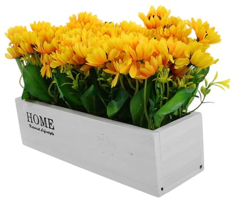 Ciieeo Sunflowers Artificial Flowers in Planter Box Faux Floral Decor for Mantel Table Windowsill