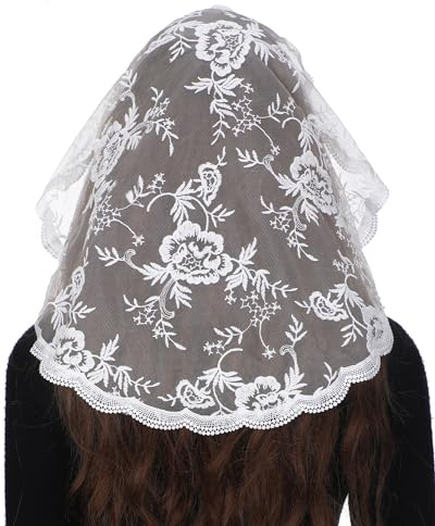 Bozidol Velos para Iglesia Católica para Mujeres: Velo de Capilla Estilo Princesa, Mantilla Bordada con Flores en Encaje, Cobertura para la Cabeza en Misa Latina