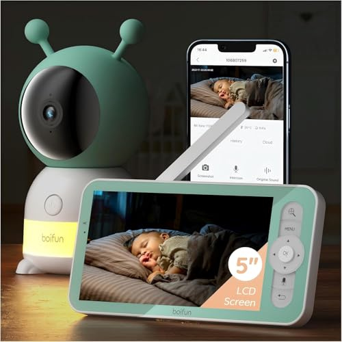 BOIFUN 2K Baby Monitor WiFi, Telecamera 360° con Luci Notturne e Display LCD 5 3MP, Controllo da App e Monitor, Auto Tracking, Rilevamento Movimento e Suono IA