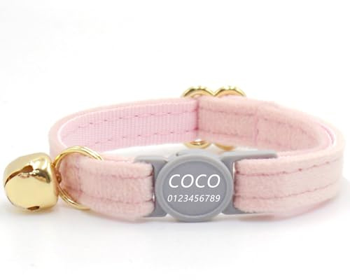 Katzenhalsband Haustierhalsband mit Gravur, personalisiertes Katzen- und Hundehalsband mit Sicherheitsverschluss, individuelle Halsbänder mit Glöckchen für Katzenjungen und mädchen (Rosa,L)