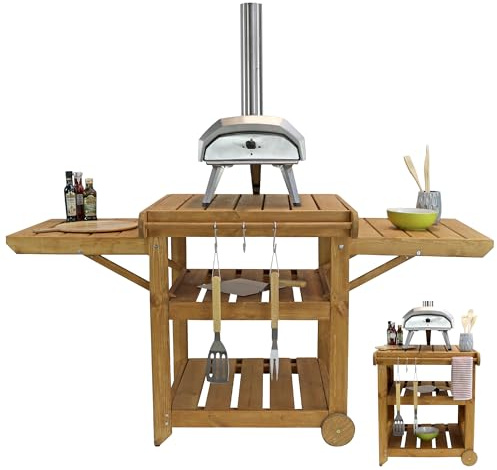 Zest BBQ Table with Wheels – Multipurpose Pizza Oven Stand, BBQ Side Station, Potting Bench, Softwood – 0.77m W x 0.82m D x 0.89m H (1.79m W with Arms Open)