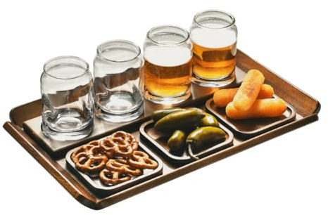 Holz-Bierflug-Paddel-Tablett Set mit 4 Gläsern & Untersetzern – Rustikales Verkostungs-Flugbrett – Craf Sampler Set für Hausbar, Geburtstagsgeschenk für Bierliebhaber, Herren-Geschenkideen