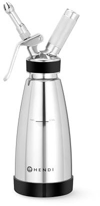 HENDI Siphon à chantilly – Siphon de cuisine à double paroi 0,5L – Pour crèmes, mousses, desserts et sauces chaudes et froides – 3 douilles, brosse de nettoyage – ø95x(H)275mm – Acier inoxydable