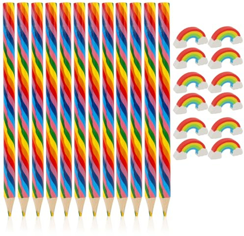 24 Stück Regenbogen Buntstifte Set, 12 Regenbogenstifte & 12 Regenbogen Radiergummis, Regenbogen Buntstifte, Regenbogen Radiergummi, 4 in 1 Farbstifte für Kinder & Erwachsene, zum Malen, Zeichnen