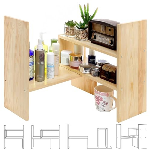 Kongming Bücherregal Klein Schreibtischregal Holz, Schreibtisch Regalaufsatz Organizer, Verstellbare Tischregal Schreibtisch Regal für Zuhause, Büro, Schule (Hellbraun)