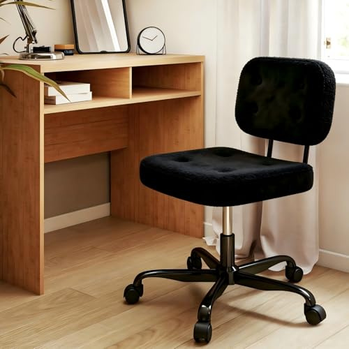 AnyGod Skrivstol utan armstöd, kompakt snurrstol med hjul och justerbar höjd, ergonomisk datorstol för små rum och toalettbord, teddy-tyg, svart