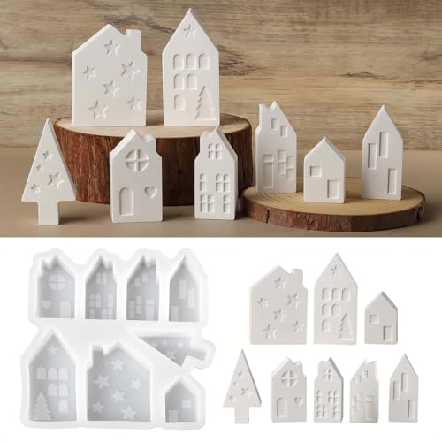 Silikonformen Gießformen Häuser Set, 8 Stück Kleine Gießform Haus aus Silikon, Perfekt für Weihnachten, Ostern