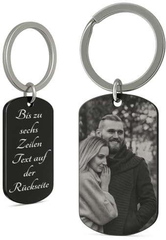 SanJuve Schlüsselanhänger personalisiert mit Fotogravur inkl. Geschenkbeutel – Dog Tag aus schwarzem Edelstahl, Wunschtext & Bild graviert - Geschenkidee Männer & Frauen