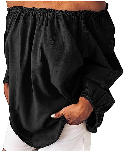 GMQWRK Off Shoulder Blouse for Women UK Ruffle Frill Trim Long Sleeve Tops Lightweight Casual Loose-Fit Pullover Shirts Vacation Beach Cover up Summer Going Out Top Plus Size S-5XL Black